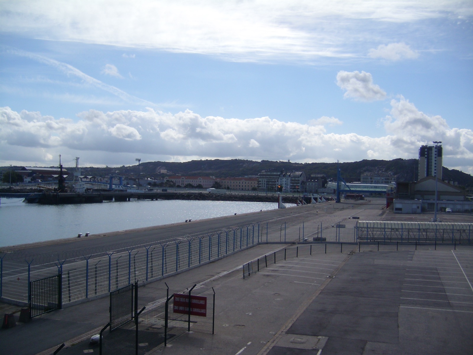 The Art-Deco transatlantic terminal building (Gare maritime) at the Port of Cherbourg, viewed across the harbour.