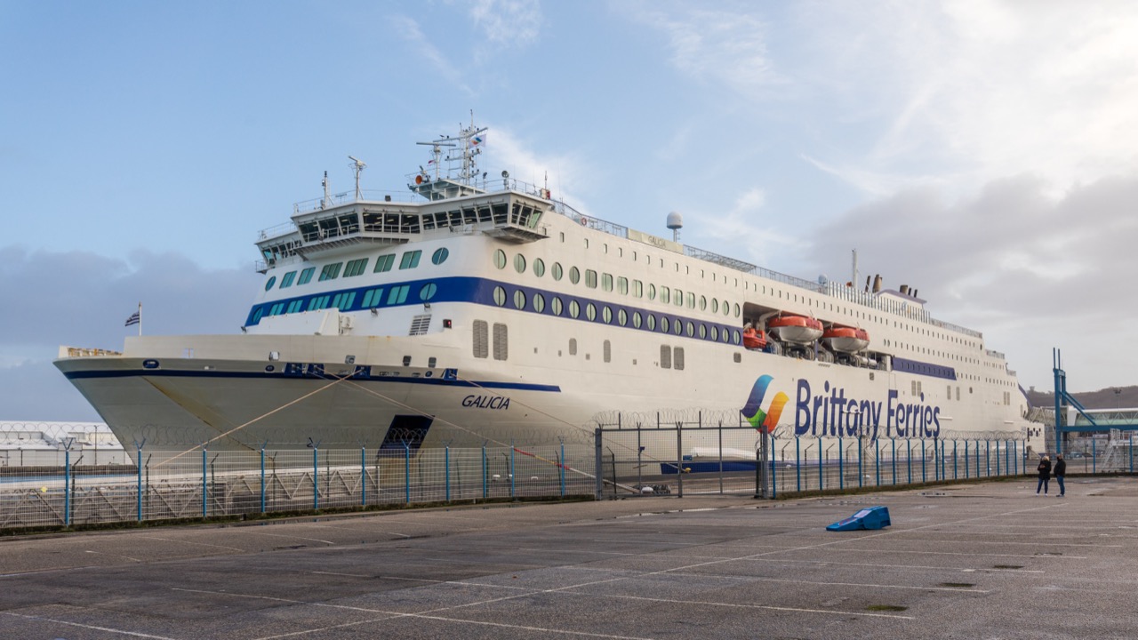 MV Galicia, the Brittany Ferries E-Flexer cruise ferry, in the port of Cherbourg.