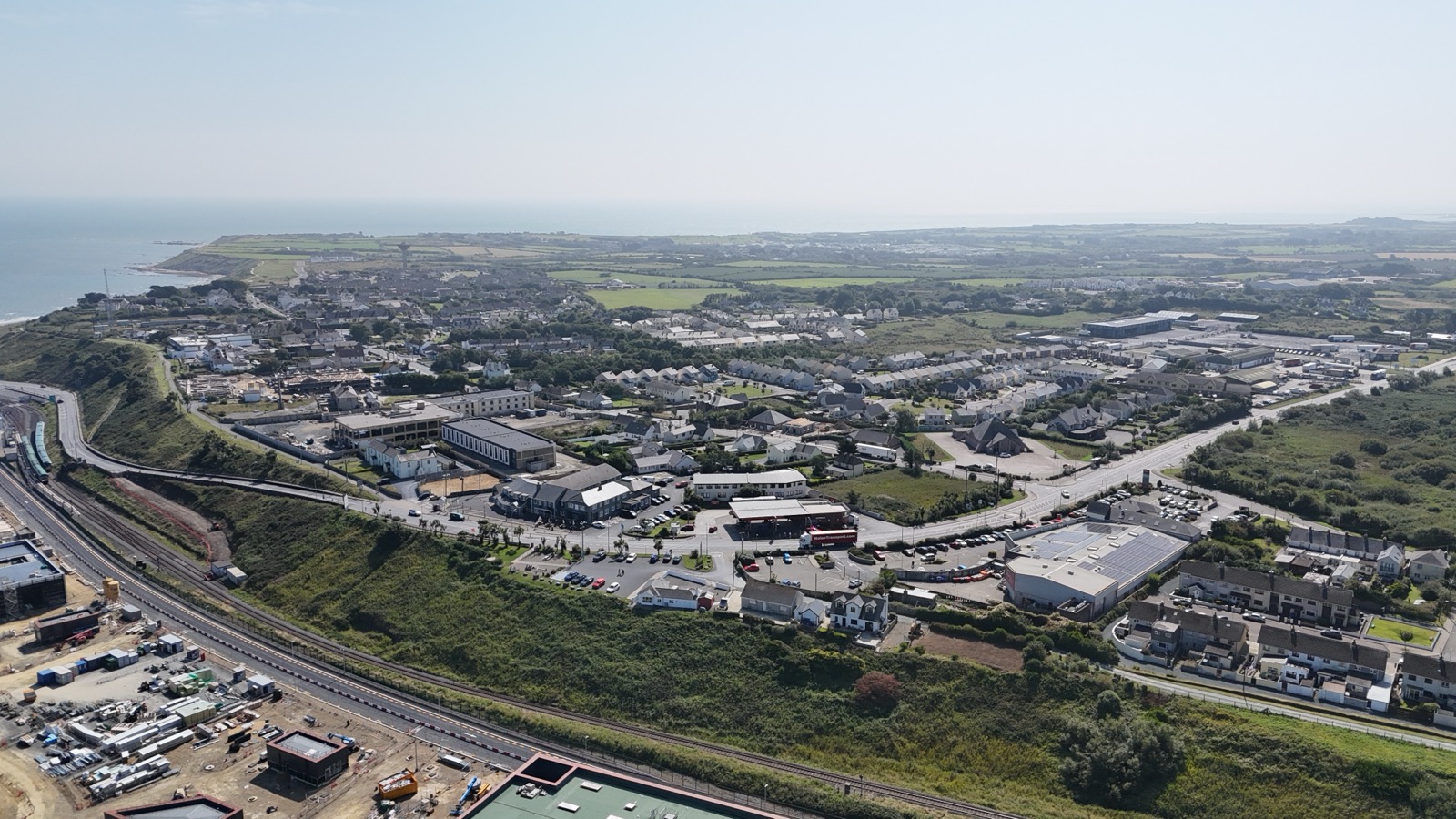 Aerial view of Rosslare Europort with the ferry terminal, berths and breakwater on Ireland's southeast coast.