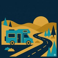 Camping-car sur route ouverte avec collines en arri&egrave;re-plan