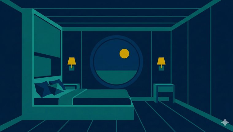 Cabine de ferry minimaliste avec hublot sur la mer de nuit