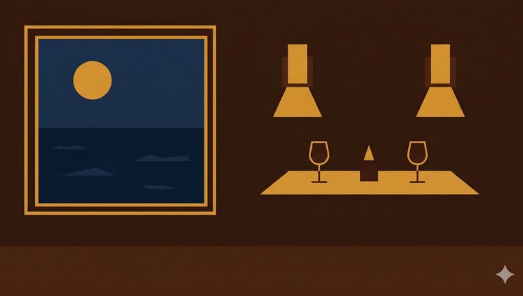 Restaurant de ferry minimaliste avec hublot, verres de vin et lumi&egrave;re tamis&eacute;e