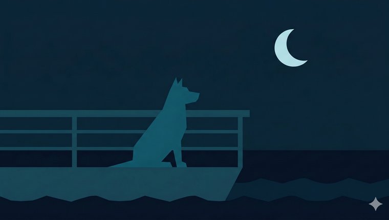 Silhouette de chien sur le pont d'un ferry de nuit, croissant de lune